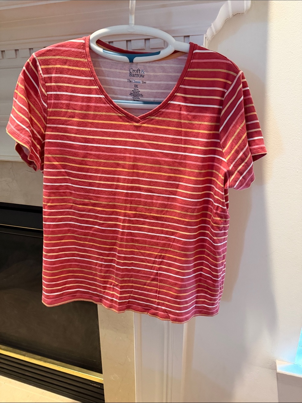 Pink and White Striped V-Neck Tee
